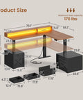 Farmhouse L Shaped Standing Desk With Height Adjustable Sit Stand Layout 70.1 By 73.2 Inches Built In Drawers And Power Outlet Monitor Stand And LED Lights Cable Management Large Black Home Office Desk Workhorse dimensions diagram.