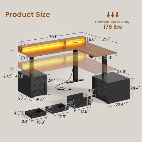 Farmhouse L Shaped Standing Desk With Height Adjustable Sit Stand Layout 70.1 By 73.2 Inches Built In Drawers And Power Outlet Monitor Stand And LED Lights Cable Management Large Black Home Office Desk Workhorse dimensions diagram.