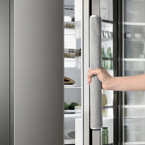 Hand using Plush Refrigerator Door Handle Covers 3 Piece Set Gray Soft Protectors For Fridge Microwave And Dishwasher Catches Drips