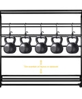 Hella Sturdy Fabric Roll Storage Rack With Smooth Riding Casters And Adjustable Hanging Rod Display Shelf For Leather Wallpaper Rolls Solid Steel Merchandiser And Pro Gear Stash Stand with black kettlebells.