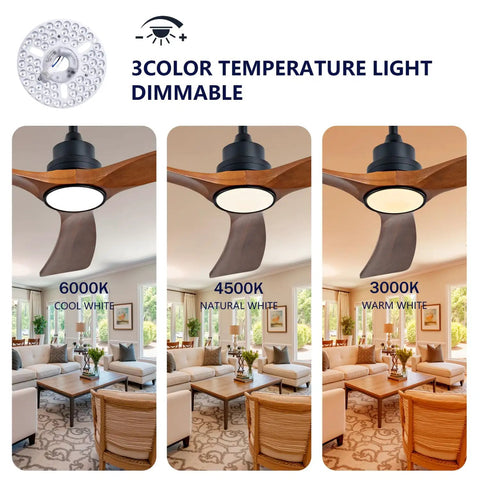 52 Inch Wood Ceiling Fan With 3 Solid Wood Blades Reversible DC Motor For Living Room displaying 3-color temperature light settings.