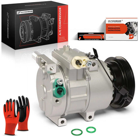Solid Ride Air Conditioning Compressor With Clutch 6Sbu16c Unit Prefilled With Pag46 Oil and four groove pulley with gloves and accessories.