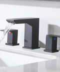 Brushed Nickel 3 Hole Bathroom Faucet With Two Handles 8 Inch Modern Vanity Sink Fixture, water flowing, black finish.