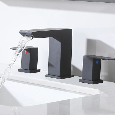 Brushed Nickel 3 Hole Bathroom Faucet With Two Handles 8 Inch Modern Vanity Sink Fixture, water flowing, black finish.