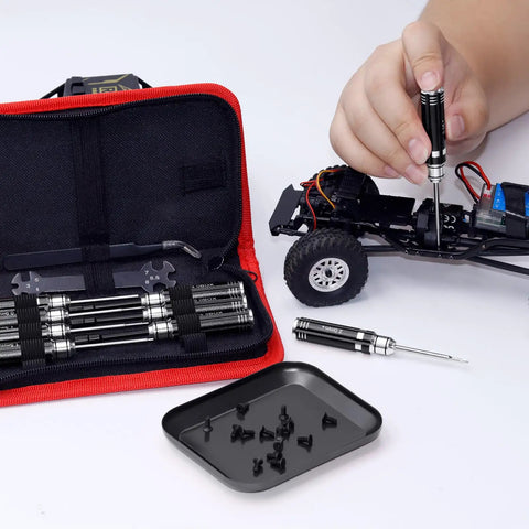 Must-Have Compact 12-Piece RC Tool Kit with wrench, pliers, tweezers, magnetic tray in use on 1/18-1/24 micro crawlers