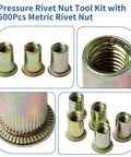 Complete Rivet Nut Tool Kit With Five Hundred Piece Metric Fastener Collection Featuring M3 M4 M5 M6 M8 Sizes For Straight Fire Auto Body Repairs And Sheet Metal Mods That Gets The Job Done Without Breaking A Sweat, showing various metric rivet nuts.