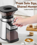 Electric Conical Burr Coffee Grinder With 17 Grind Settings From French Press To Espresso features sleek black shell and adjustable grind settings.