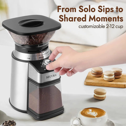 Electric Conical Burr Coffee Grinder With 17 Grind Settings From French Press To Espresso features sleek black shell and adjustable grind settings.