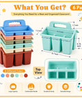 Plastic Classroom Caddy With Handle Six Pack 4 Compartment Desk Organizer in pastel colors with size dimensions shown.