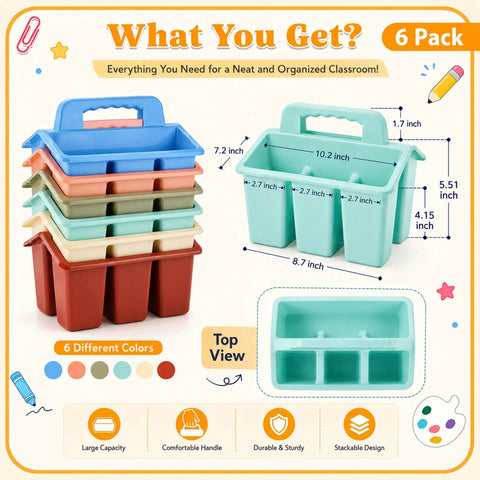 Plastic Classroom Caddy With Handle Six Pack 4 Compartment Desk Organizer in pastel colors with size dimensions shown.