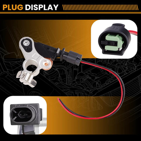 Straight Swap Battery Current Sensor That Bolts Right Up To Chrysler 200 300 Jeep Wrangler Cherokee Dodge Challenger Charger Journey Viper Ram 1500 2500 3500 2011 Through 2018 Replaces 0199200180 close-up showing plug and wires.