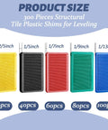 Top Notch Plastic Leveling Shims 300 Pack No Sweat Setup For Tile Floors And Cabinet Adjustment Multi Thickness Wedges color coded measuring sizes.