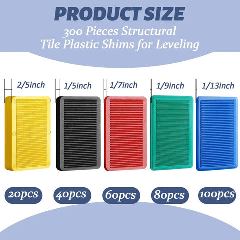 Top Notch Plastic Leveling Shims 300 Pack No Sweat Setup For Tile Floors And Cabinet Adjustment Multi Thickness Wedges color coded measuring sizes.