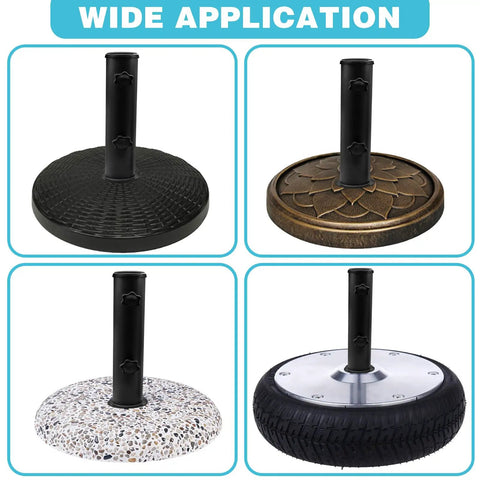Four bases of Heavy Duty Umbrella Pole Replacement Mount For Metal Deck Outdoor Holder with different textures and patterns.