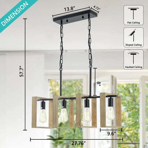 Dope Farmhouse Kitchen Light Fixtures 4 Light Adjustable Pendant Chandelier with wood frame and black metal for dining room.