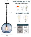 CASAMOTION Modern Farmhouse Blue Glass Globe Pendant Light 11" Dia. with matte black chain, showing size and bulb options.