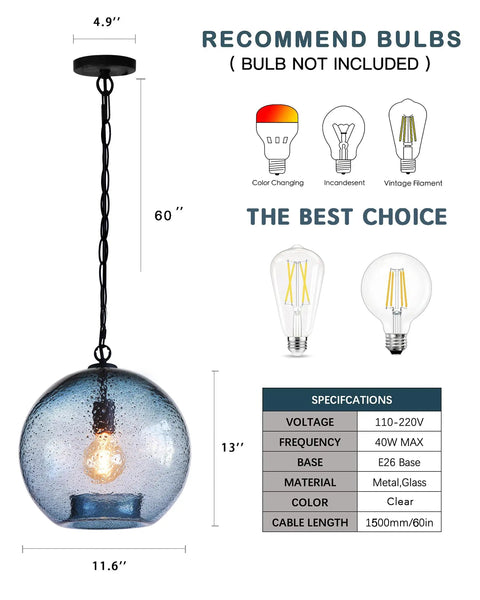 CASAMOTION Modern Farmhouse Blue Glass Globe Pendant Light 11" Dia. with matte black chain, showing size and bulb options.