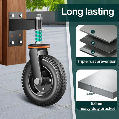 Eight Inch Heavy Duty Gate Rollers Two Pack shown with heavy-duty bracket and rust-proof wheel for smooth gliding performance.