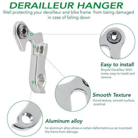 Universal Bicycle Derailleur Hanger For Road And MTB Bikes Aluminum Alloy Durable Replacement Fits Road Mountain Cyclocross And Hybrid Frames Adjustable To Different Frame Sizes Long Lifespan Built Tough And Easy Install shown with installation features and aluminum alloy material.