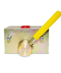 Front view of a metal manual hydraulic valve block with a long yellow lever and red top ports.