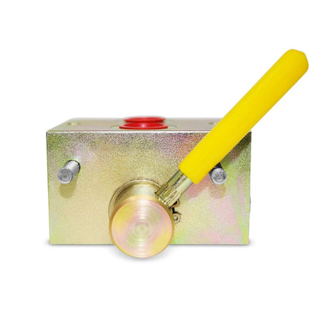 Front view of a metal manual hydraulic valve block with a long yellow lever and red top ports.