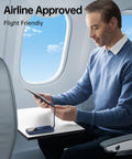 Premium Travel Essential Portable Charger Power Bank With Four Built In Cables And Hella Fast 20000mAh Capacity For Quick Device Top Offs On Drives in use on an airplane.