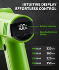 Electric Fabric And Cardboard Cutter, Smooth Cutting Machine With Durable Sk5 Blade, Eases Wrist Fatigue For Heavy Duty Shipping Box Trimming And Recycling Jobs Made Easy, showing battery indicator and speed settings.