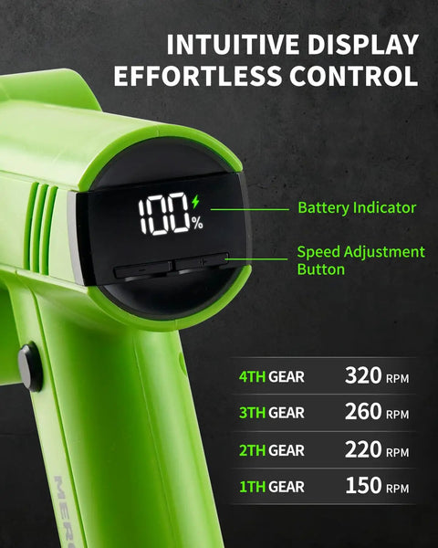 Electric Fabric And Cardboard Cutter, Smooth Cutting Machine With Durable Sk5 Blade, Eases Wrist Fatigue For Heavy Duty Shipping Box Trimming And Recycling Jobs Made Easy, showing battery indicator and speed settings.