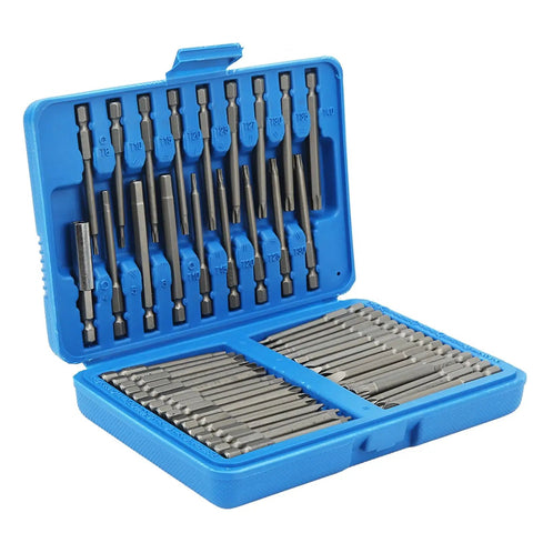 Super Cool Extra Long Security Bit Set With Magnetic Screwdriver Bits For Deep Reach Repair Jobs Including Hex Torx Star Clutch Spline And Triwing Tools To Fix Cars And Appliances With Easy Grip Access, blue case