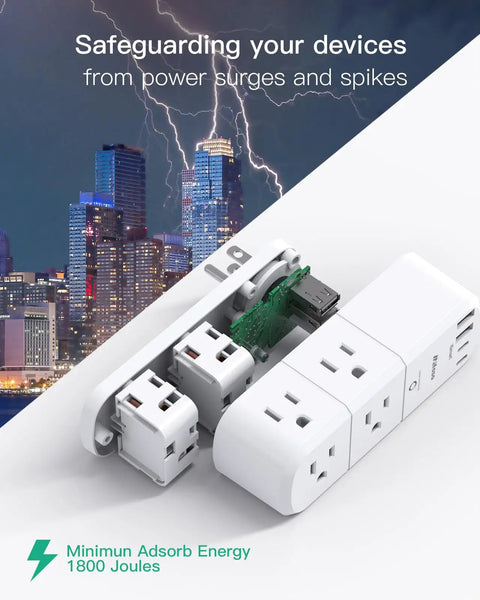 Power Strip With 6 AC Outlets And 4 USB Ports, 1800 Joules Surge Protector, open view showing internal components and city backdrop