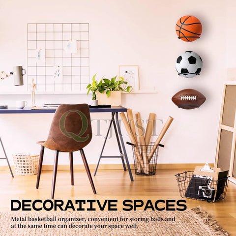 Heavy Duty 4 Pack Wall Mount Ball Rack Set Universal Metal Storage Holder For Basketball Football Volleyball Soccer Space Saving Black Racks Rust Resistant Holds Up To 30 Lbs Each Easy Mounting Screws Included displayed in a modern room holding basketball, soccer ball, and football.