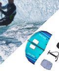Inflatable Surfing Foil Wing For Beginners And Pros, Durable Oxford Polyester Construction, wing with accessories against wave riding backdrop