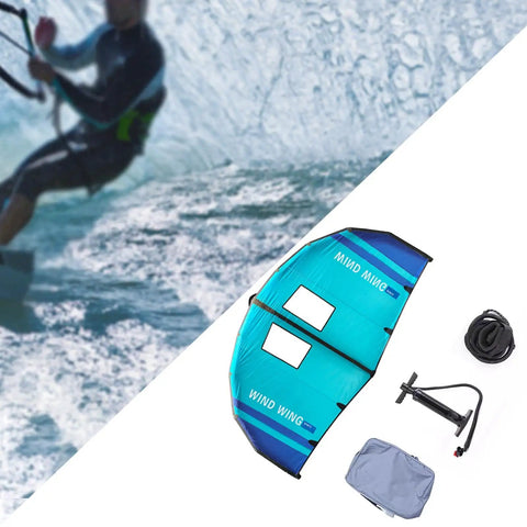 Inflatable Surfing Foil Wing For Beginners And Pros, Durable Oxford Polyester Construction, wing with accessories against wave riding backdrop