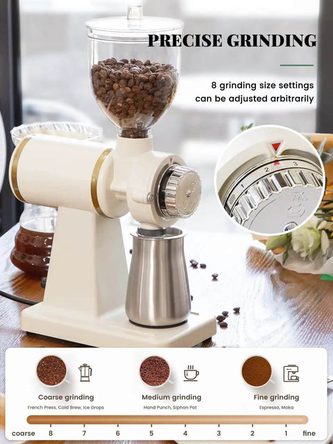 Electric Coffee Bean Grinder 250G For Commercial And Home Use 200W Automatic Burr Grinder With Eight Grind Settings From Fine To Coarse See Through Hopper Barista Quality Fresh Grounds White.