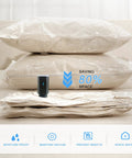 Front view: Amazon portable cordless vacuum pump with beige vacuum storage bags on sofa showing 80% space savings