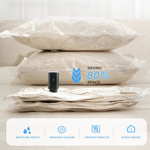Front view: Amazon portable cordless vacuum pump with beige vacuum storage bags on sofa showing 80% space savings