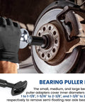 Rear Axle Bearing Removal Tool Kit With Slide Hammer And Adapters, Bearing Puller Set With Yoke, One To Two And Seven Eighths Inch Inner Diameter in use