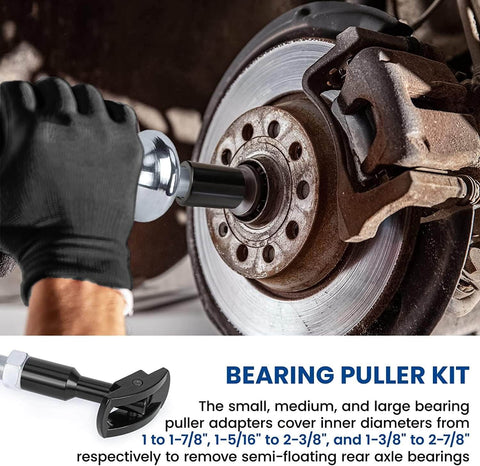 Rear Axle Bearing Removal Tool Kit With Slide Hammer And Adapters, Bearing Puller Set With Yoke, One To Two And Seven Eighths Inch Inner Diameter in use