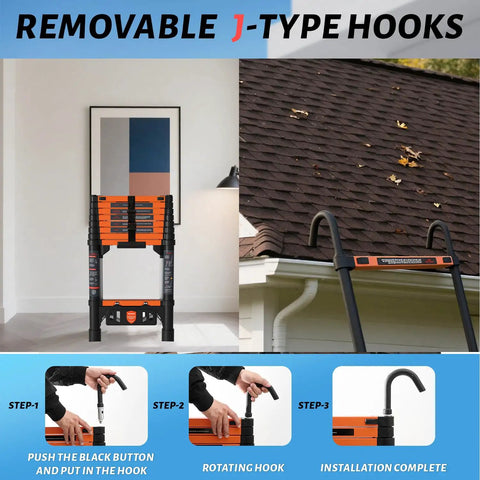 Telescoping Ladder Eight And A Half Foot Extension Ladder With Easy Fold One Step Collapsible Design For RV Home And Outdoor Use Aluminum Build Lightweight Yet Sturdy Supports Up To 330 Lbs. orange telescoping ladder with removable J-type hooks for roof access