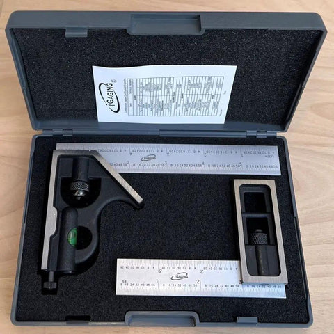 Square Set Including 4 Inch Double Square and 6 Inch Combination Square with 4R Steel Blade in protective case on wooden surface.