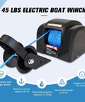 45 Lb Electric Boat Anchor Winch For Saltwater Boats With Wireless Remote, 98.42 Ft Pre Wound Rope, 12V Marine Windlass, Tough As Nails Heavy Duty Copper Motor, Fast Hoist, Sturdy Black Finish, blue rope on black housing
