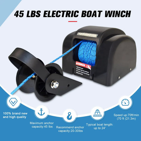 45 Lb Electric Boat Anchor Winch For Saltwater Boats With Wireless Remote, 98.42 Ft Pre Wound Rope, 12V Marine Windlass, Tough As Nails Heavy Duty Copper Motor, Fast Hoist, Sturdy Black Finish, blue rope on black housing
