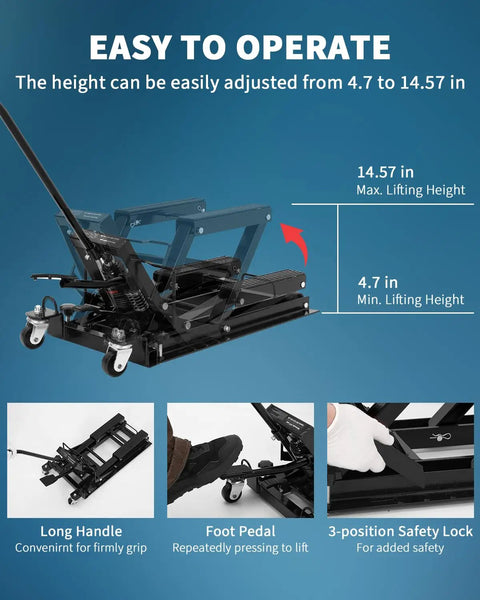 Heavy Duty 1500Lb Hydraulic Motorcycle Lift Jack With Adjustable 4.7 To 14.57 Inches Height Range Non Slip Platform Safety Lock Garage Scissor Jack For Motorcycles ATVs UTVs Dirt Bikes Car Maintenance Tool, lifted to 14.57 in