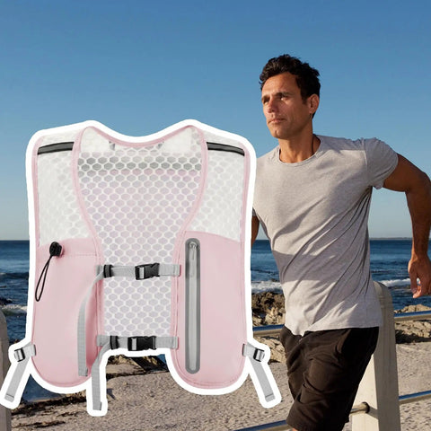 Ultra Lightweight Running Hydration Vest With Adjustable Straps Bladder Compatible Chest Pack shown near a runner outdoors