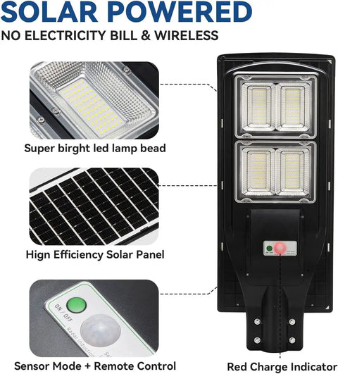 Ultra Bright Solar Street Light With 240 LEDs And 18000mAh Battery, Motion Sensor, showcasing components and features