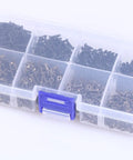 Top Shelf M2 Micro Screw Assortment With Cross Recessed Flat Head Tapping Fasteners in black oxide and bronze in a storage box.