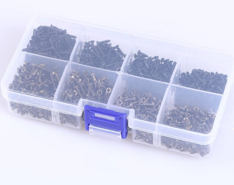 Top Shelf M2 Micro Screw Assortment With Cross Recessed Flat Head Tapping Fasteners in black oxide and bronze in a storage box.