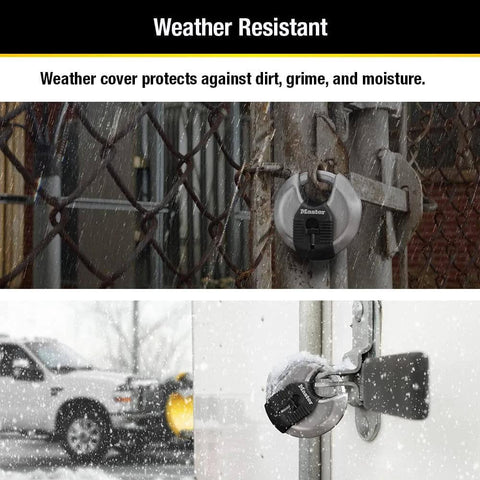 Weather-resistant 70mm Disc Padlock With Tough Cut Octagonal Boron Carbide Shackle For Indoor And Outdoor Security on gate.