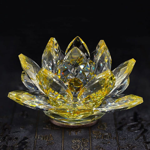 Colorful LED Lotus Flower Lamp With 7 Color Changing Crystal Buddha Light For Cabinet And Altar Decor Light Control Night Light 110V US Plug 10 Inch For A Dope Vibe, showing crystal petals with yellow hues.
