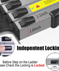 Close-up of 12.5 ft telescoping ladder's independent locking mechanisms, highlighting usage instructions and measurements.